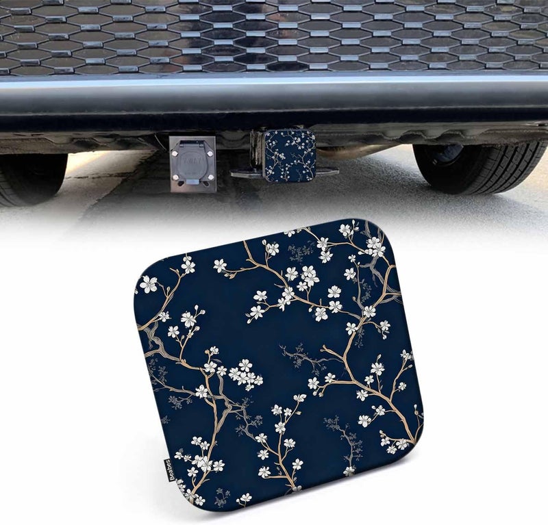 Beabes Trailer Hitch Cover Plug Cherry, Bloom Cherry Flower Tree Branch Trailer Hitch Cover Plug Cap Insert Fits 2" Receivers Black Receiver Tube Hitch Plug for RVs SUVs and Cars, Navy White - Image 1